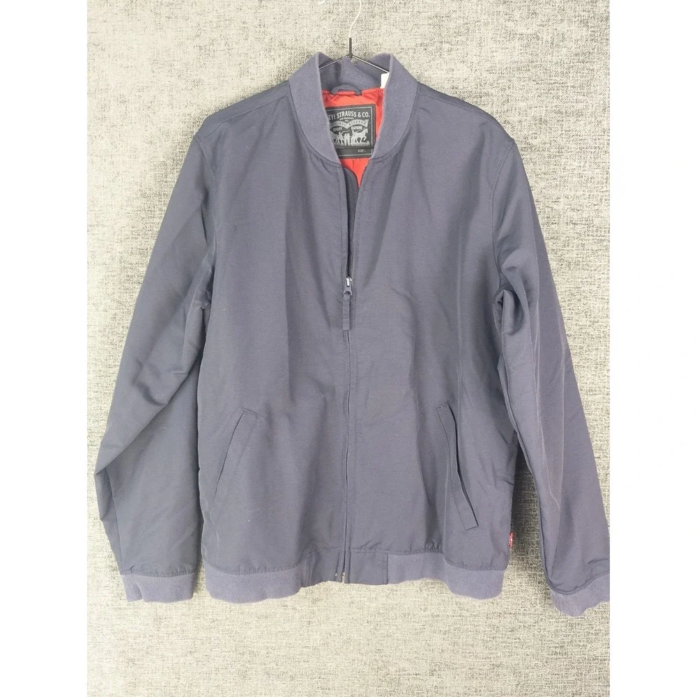 Levis Bomber Jacket Mens L Blue Full Zip Solid Casual‎ Logo Cotton Blend